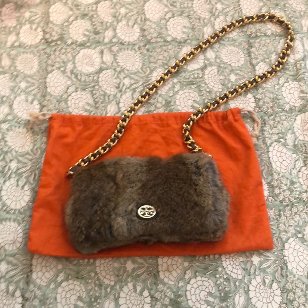 Authentic Tory Burch Brown Rabbit Fur Crossbody Bag With Gold Chain